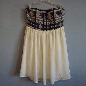 NEW Mustard Seed Cream and Navy Aztec Padded Strapless Bodice Dress size M